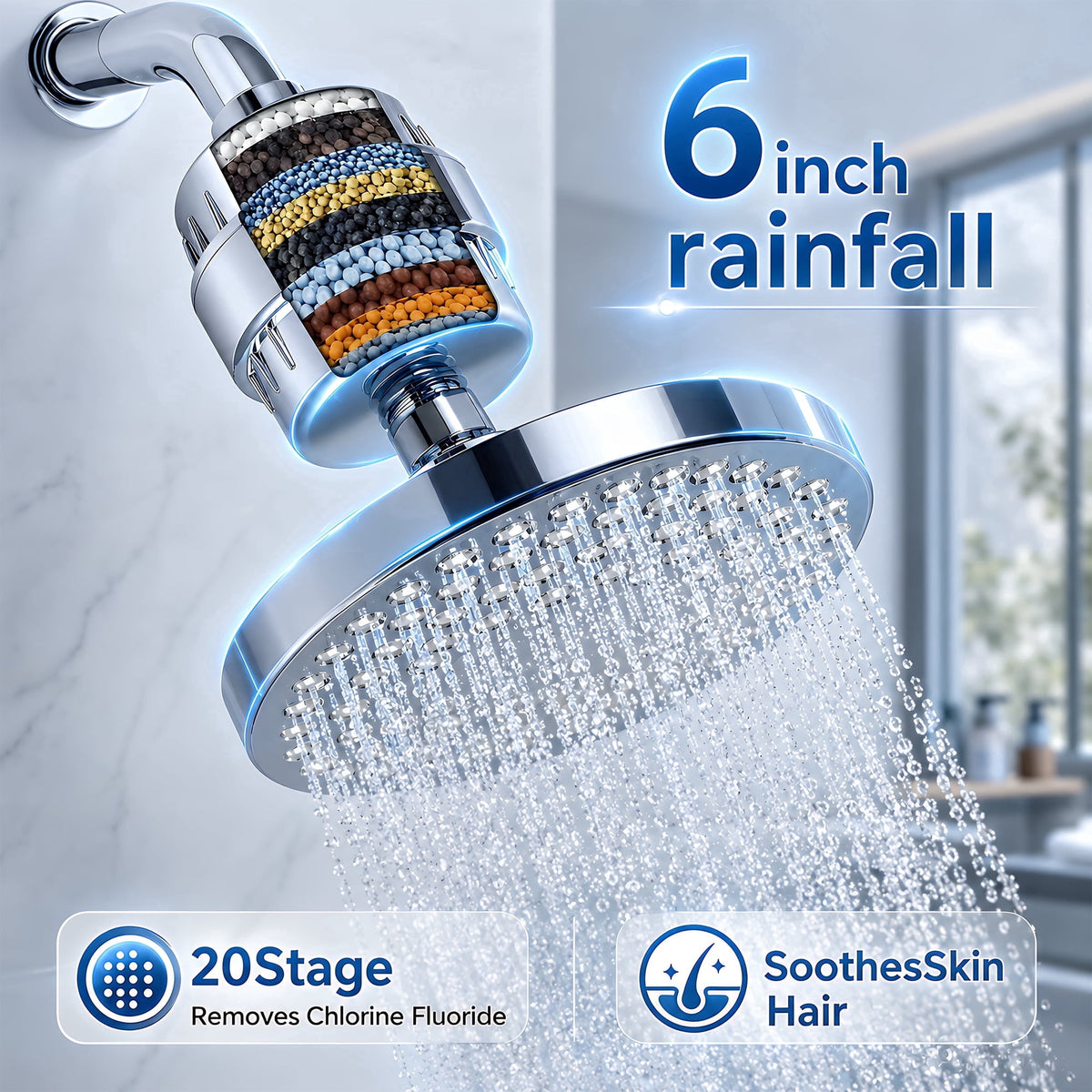 YTAKY Shower Filter, 20 Stage, Shower Head Filter, 6 Inch, For Hard Water Removes Chlorine Fluoride Harmful Substances Organics Other Sediments Shower Head Filter High Output Vitamin C