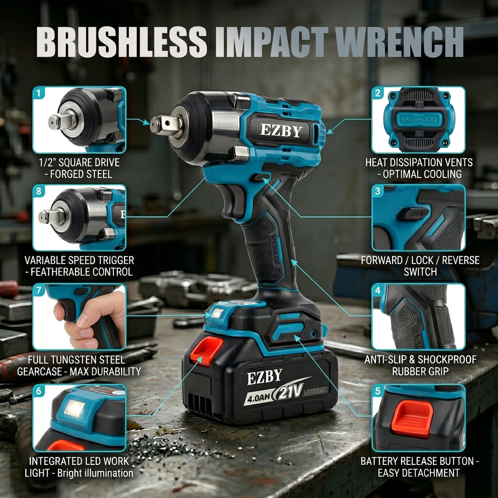 EZBY Cordless Impact Wrench Kit, 664 FT-lbs(900N.m) Max Torque, 1/2" Heavy-Duty Brushless Motor, 21V Electric Impact Gun & Driver Tool Set with 2x 4.0Ah Batteries for Car Home Repair